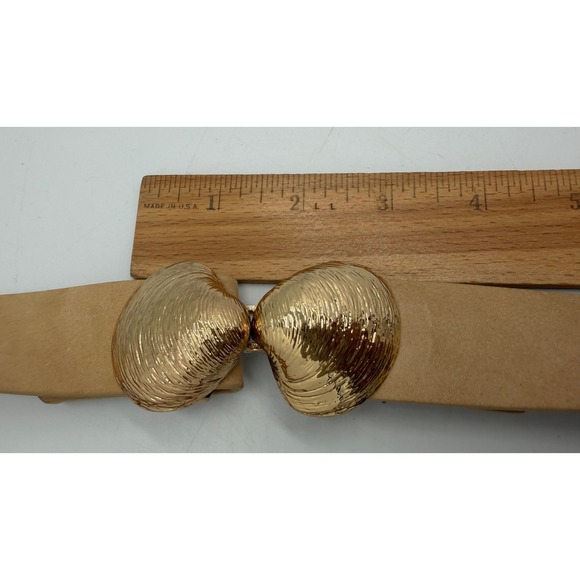 J McLaughlin Leather Belt Gold Seashell Buckle Tan Waist Belt Preppy L/XL main image 4